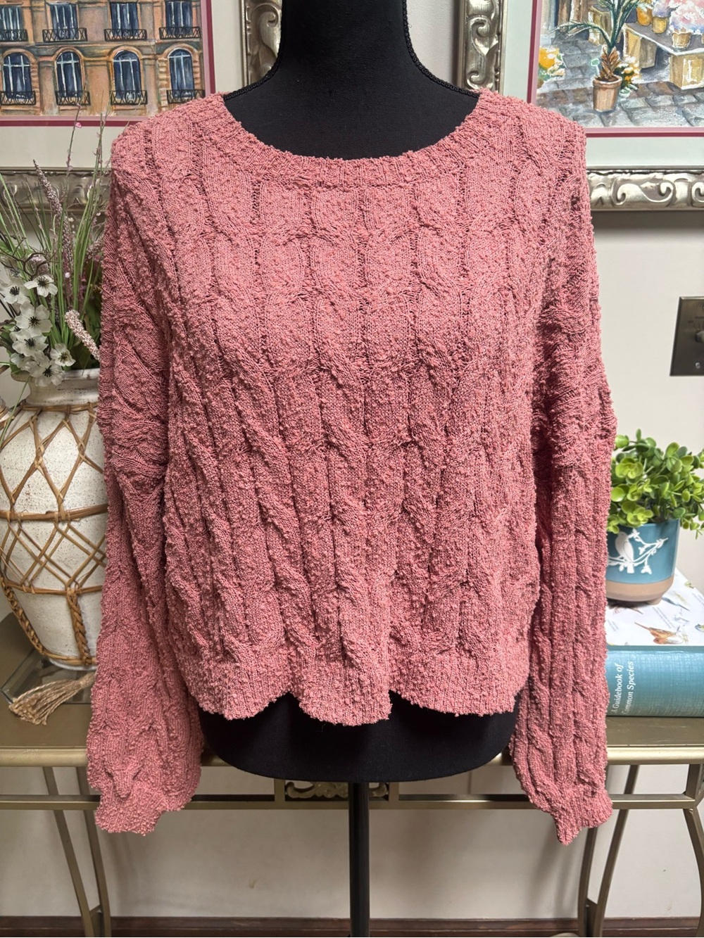Altar'd State Dusty Rose Cropped Chunky Knit Cable Crewneck Sweater Size Medium